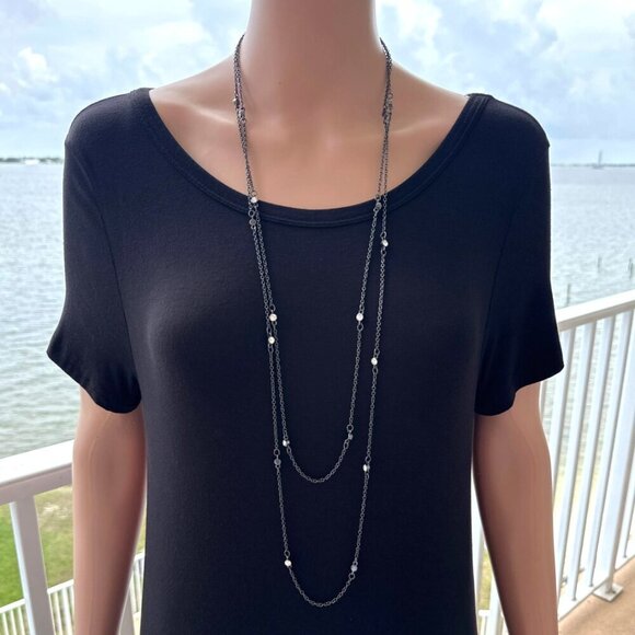 Express Double Strand Long Necklace Dark Gray Chain Crystal Accent - Picture 2 of 6